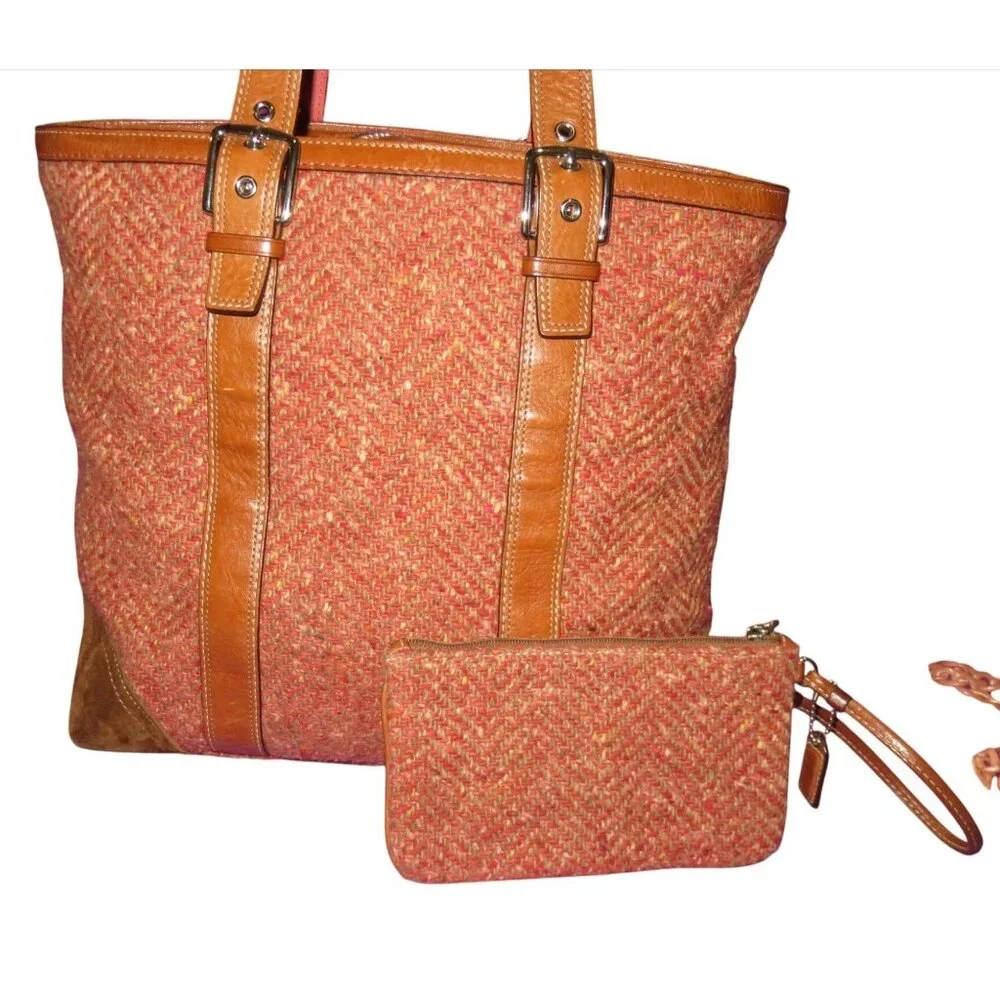 Coach 2007 Herringbone Tweed, Suede & Leather Tote Bag & Matching Wristlet Rust